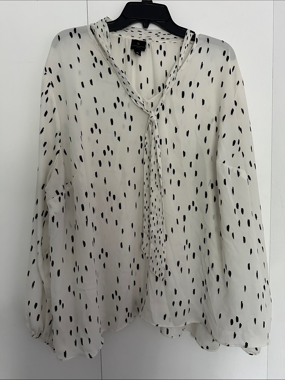 Worthington Cream and Black Dot Tie-Neck Blouse